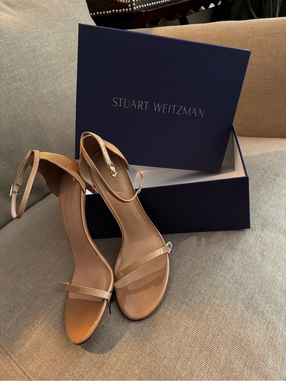 Stuart Weitzman Beige Patent Ankle-Strap Heels
